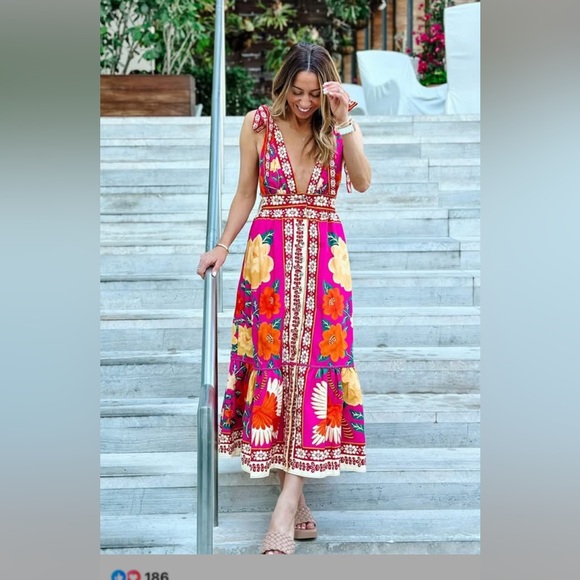 FARM Rio Dresses & Skirts - FARM Rio Fuchsia Floral Tie-Shoulder Maxi Dress